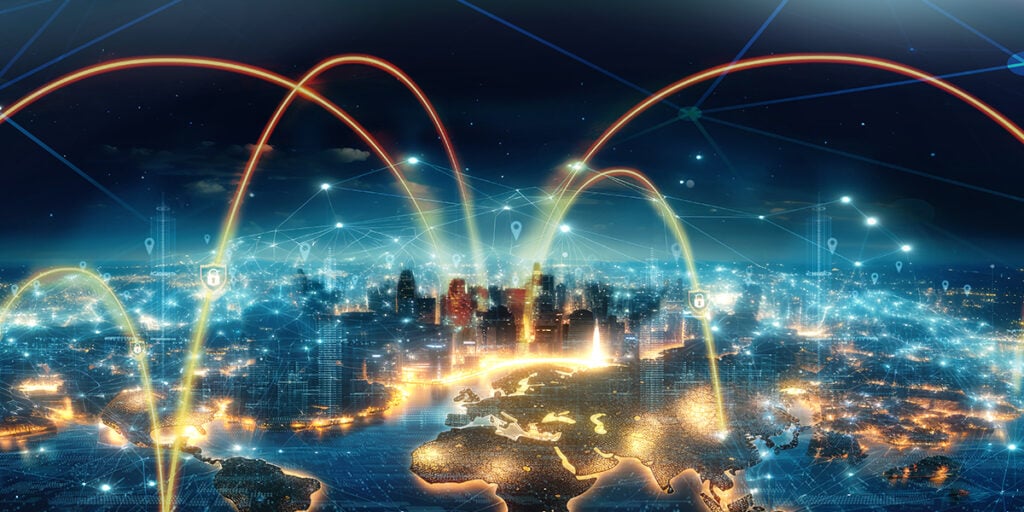 AltoCrypt Backdrop showing connectivity lines streaming across a digital world map